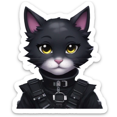Gorgeous furry gothic dark techwear anime style anthro black cat furry with blushing face aesthetic and pretty edgy black with collar and harness trending style sticker