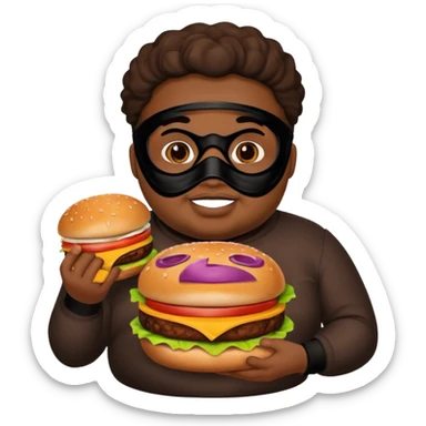 Fat Brown skin burglar with a mask holding a burger sticker