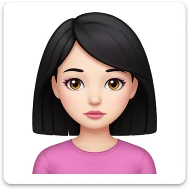 normal girl emoji, long hush cut hair, black hair, clean makeup, pink background sticker