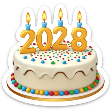 A festive New Year cake with lit candles shaped as the number 2026,
warm lighting, celebratory atmosphere,
soft background, high quality, clean composition sticker