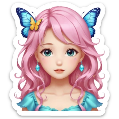 gorgeous shiny blushing anime lady with butterflies and beautiful hair fairycore high quality detailed vogue trending aesthetic sticker