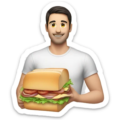 A white man with dark hair holding a long sandwich sticker