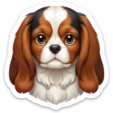 Cinematic Noble Tri-Colour Cavalier King Charles Spaniel Portrait Emoji, Poised and regal, with a graceful, medium build and a well-groomed tri-colour coat featuring rich black, white, and tan markings, soulful brown eyes, Simplified yet sharp and sophisticated features, highly detailed, glowing with a soft, dignified glow, high shine, intelligent and affectionate, stylized with an air of elegance, focused and attentive, soft glowing outline, capturing the essence of a watchful and refined companion, so majestic it feels as though it could step out of the screen with effortless authority! sticker