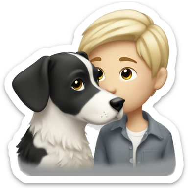 Tom boy with short blonde hair kissing a black and white dog with long hair sticker