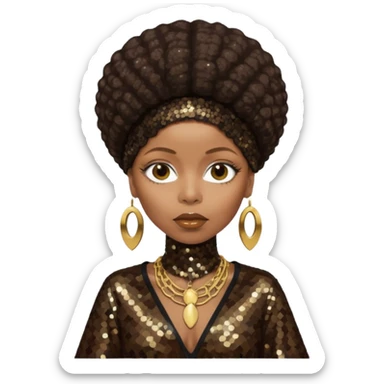 Erykah Badu with dark brown hair, dark brown sequin outfit sticker