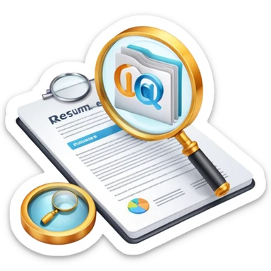 AI Resume Analyzer App logo with document and magnifying glass, 3D style sticker