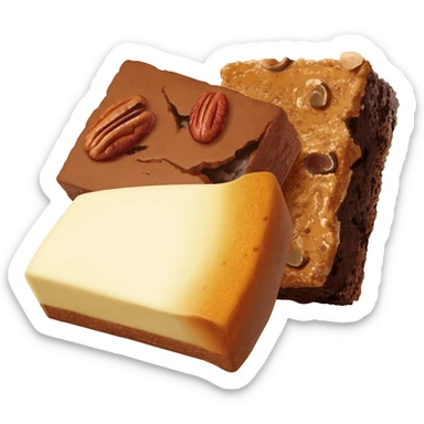 brownie flight with a pecan brownie, cheesecake brownie and turtle brownie sticker