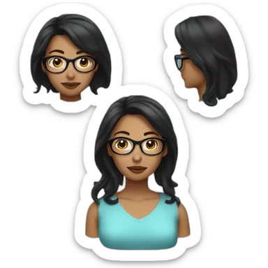 woman, black mid long hair, glasses on top of her head sticker