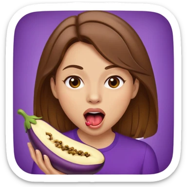 Brown hair light skin woman mouth open about to eat an eggplant sticker