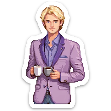 Confident male entrepreneur, Caucasian features, blonde hair, defined eyebrows, slight smile, wearing violet blazer over light violet shirt, holding a coffee cup in right hand, waist-up, front-facing sticker