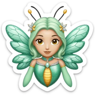 Mint green woman bee with diamond wings, sparkly rhinestones, and glitter accents sticker