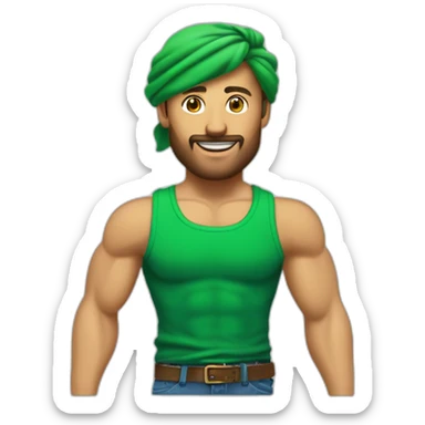 Homme aux cheveux verts très musclé et a  une cicatrice à l’œil gauche. Il porte une chemise blanche. Il a un bandana vert et porte 3 pendentifs dorés à l’oreille gauche  sticker