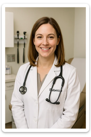A woman named Rebecca working as a doctor, wearing a white coat and stethoscope, friendly expression, professional medical setting sticker