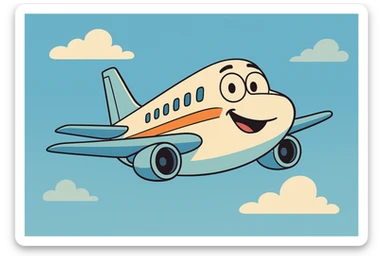 a cartoon airplane flying in the sky, simple and cheerful, bright colors, clear sky background sticker