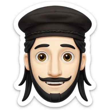 Jewish white man emoji with long dread black hair on the sides and jewish judaism hat, long big nose and crooked teeth sticker