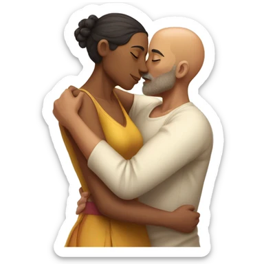 A indian race man with shaved head kissing a mixed woman with curly hair short, Who embrace each other tenderly sticker