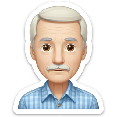 Skinny man in his 70s with fair skin. Long narrow face. Gentle light brown eyes. Fine straight white hair with light bangs, hair length extends below the ears. Thin eyebrows. White goatee connected to mustache. Slender appearance. Wearing a light blue and beige checkered button-up shirt. sticker