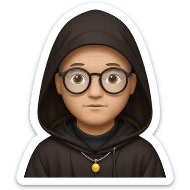 Monk priest prayer black habit with hood round black glasses done light brown wavy hair under hood  sticker
