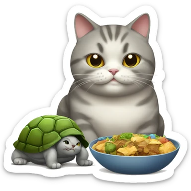 A fat British cat with a turtle color. There is a happy one at the bowl with food sticker