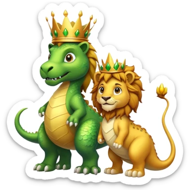 A lion wearing a golden crown standing next to a friendly dinosaur sticker