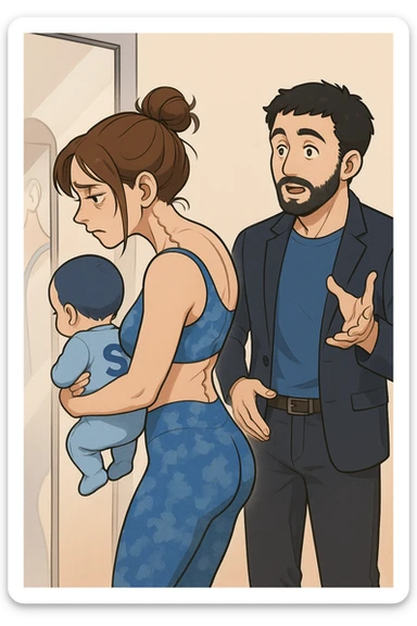 ispirati a questo stile di disegno e fai questa immagine in versione manga/webtoon a colori, il manga mostra la donna che si guarda alla specchio preoccupata di profilo con la postura sbagliata e incurvata, spalle chiuse e curve in avanti, con un neonato in braccio con una tutina azzurra e la scritta "S" blu sulla schiena, spina dorsale storta della donna in evidenza mentre al suo fianco anche l'uomo guarda la donna riflessa nello specchio e le spiega una cosa, ma non fare i fumetti, fai come se stessero parlando sticker