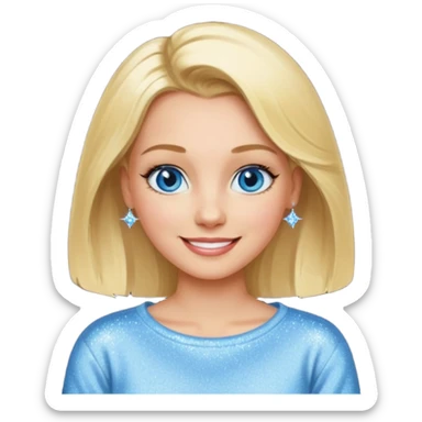 make this real, blond, hair below shoulder, blue eyes, 50s, sparkle in the eyes, fun, smile, no earrings, relaxed style, sweats or jeans sticker