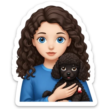 Brunette girl with long wavy hair and blue eyes holding one black puppy poodle with brown eyes. No decoration on the dog.  sticker