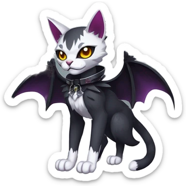   cool edgy beautiful anime-style ethereal dark-punk-themed animal vampiric cat-hybrid Fakemon with fangs and bat-wing-ears with a collar full body sticker
