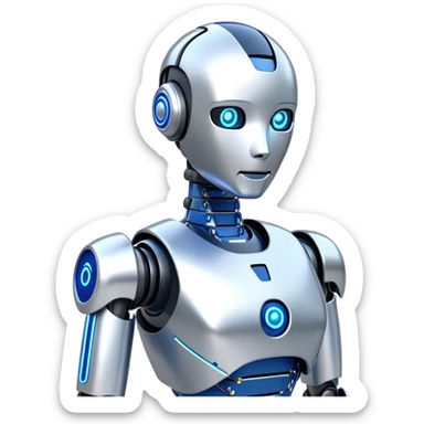 Sleek humanoid robot with chrome body and glowing blue circuitry lines sticker