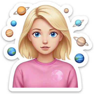 A blonde with blue eyes in a pink sweatshirt is standing, and the planets are spinning sticker