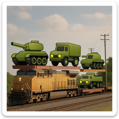 Create a highly realistic image of an ordinary cargo train transporting military equipment such as tanks and trucks, in a classic emoji style. This is variant 4. sticker