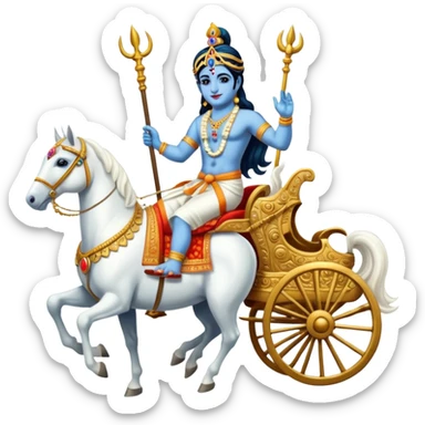 Lord Krishna driving a chariot ,seven white horses in front of the Chariot and Arjun riding the Chariot. sticker