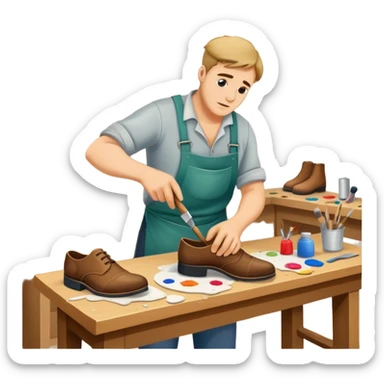 A shoemaker struggling to paint a portrait while his shoe shop is messy  sticker