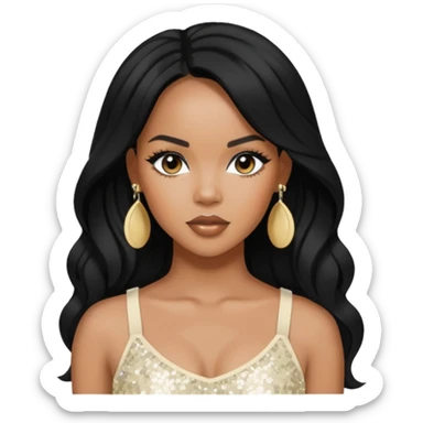 LeToya Luckett with long black hair, ivory sequin crop top, ivory earring sticker