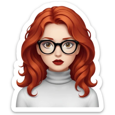 Nữ 25 tuổi, da trắng, tóc dài xoăn nhẹ màu đỏ, đeo kính màu đen, lông mi dài, trang điểm khá đậm, áo khoác cổ cao màu đen, áo trong màu trắng, mặt ngầu sticker