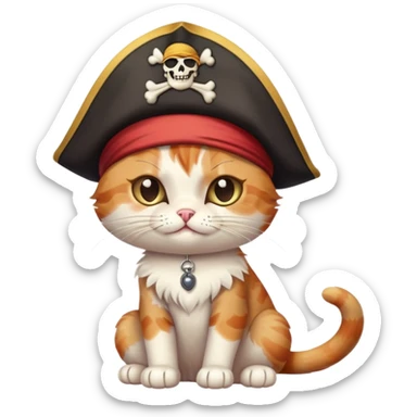 cat full body sitting, winking, wearing a pirate hat and eye patch sticker