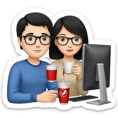 Hombre blanco con gafas, pelo negro tomando un refresco frente a un ordenador con ropa de sport, se ve en la pantalla del ordenador una mujer rubia tomando café sticker