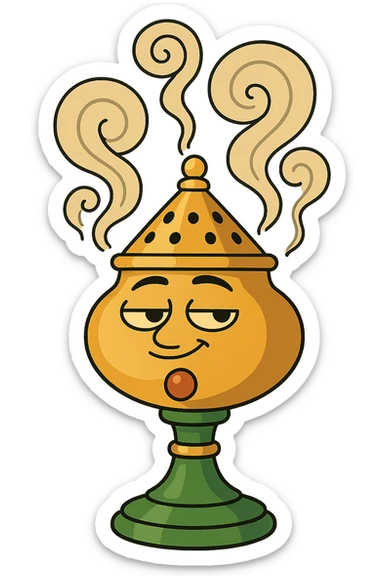 incense burner with elegant smoke curls, flat modern style, bright saturated colors golds greens reds, minimal but expressive, universal look sticker