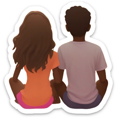 Boy and girl couple sitting on the beach sunset sticker