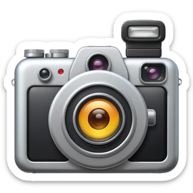 Minimal emoji icon of a modern metalic camera, front view, simple shapes, realistic lens,  sticker