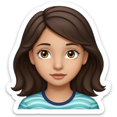 Create a emoji of a girl teen (14 years old) with dark brown hair and a little bit lighter brown in the end of the hair (but mixed) and waves in the hair with MEDIUM FAIR TO OLIVE skin tone, dark brown eyes, perfect nose, long eyelashes sticker