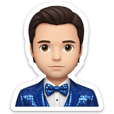 Sebastian Stan with dark brown hair, indigo sequin suit with bow tie sticker