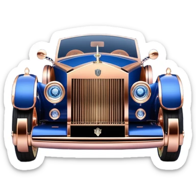 dark blue led lights on a streamlined channeled hot rodded delicately inlaid rose gold and wood accentuated sporty 1889 Rolls Royce with futuristic electric spaceship plasma neon glowing motors and lightening dynamos with wide racing wheels that are held strong by advanced suspension and steering sticker