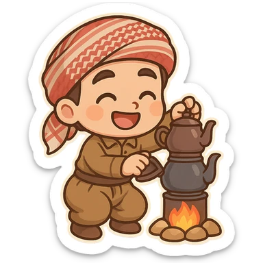 chibi cartoon sticker of a cheerful Kurdish person making tea in a traditional double teapot (کتری دوکەڵاو) on a small fire outdoors sticker