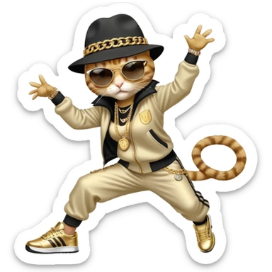female cat in Run DMC hip-hop outfit with tracksuit, fedora, Adidas sneakers, dark sunglasses, many gold chains and bling accessories, doing a headspin break dance move sticker