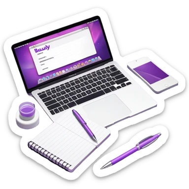 top view of a MacBook and a notebook with a pen nearby, notebook with visible notes, MacBook screen showing a beauty salon logo on a purple background sticker
