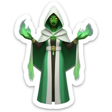 female hooded ritual leader presenting green flame with hex BDFF6D. make robes matching sticker