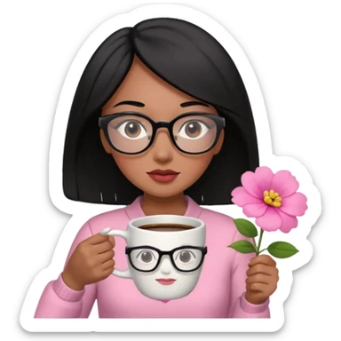 Chica de pelo negro ojos negros y piel morena con lentes oversize square GAFAS DE LEER BIEN GRANDES , en la mano derecha una taza de cafe en color rosa con una flor negra de diseno. Sentada mirando un drama koreano en la television.  sticker
