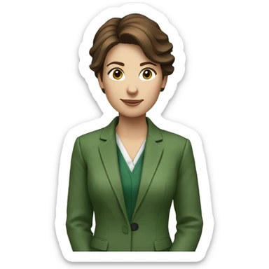 accounting woman with short brown hair and a green jacket sticker