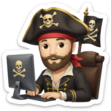 pirate captain with a beard, coding on a desktop computer, pirate flag with code symbol, cheerful and creative sticker